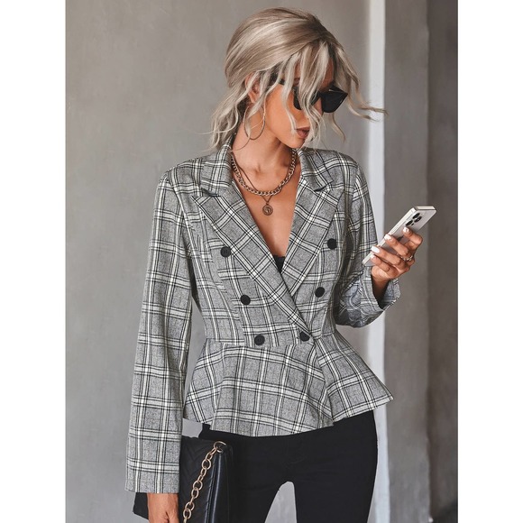 Plaid Double Breasted Peplum Blazer gray - Picture 3 of 5